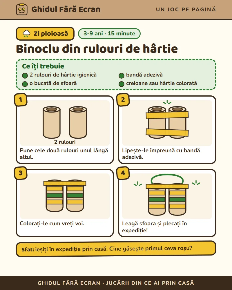 Pagina „Binoclu din rulouri de hârtie”: ce îți trebuie și patru pași cu desene